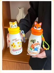 Cute cartoon stainless steel insulated water bottle with 3D animal lid and strap.