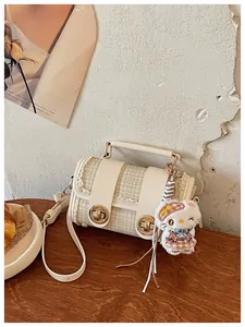 Chic Houndstooth Boston Handbag PU Leather Casual Crossbody Shoulder Bag with Cute Plush Pendant