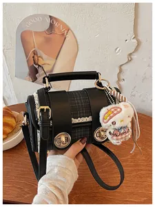 Chic vintage plaid Boston handbag for women, stylish contrast color shoulder crossbody bag.