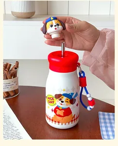 Detailed view of cute stainless steel insulated water bottle with cute cartoon dog lid.
