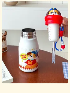 Cute stainless steel thermos cup with cartoon puppy design, filter net, and portable strap.