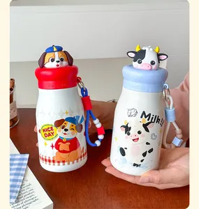 Cute stainless steel thermos cup with 3d cartoon animal lid and portable strap detail view.