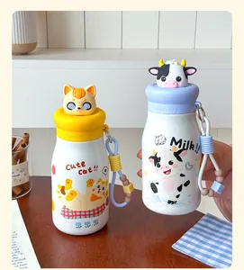 Cute cartoon cat and cow stainless steel thermos water bottle detail featuring 3D doll cap.