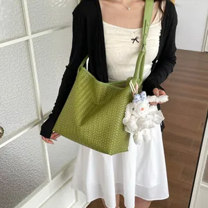 Sac porté épaule tressé vert grand cabas fourre-tout sac bandoulière décontracté femme