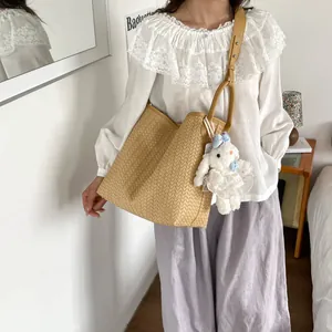 Sac cabas tissé grande capacité été femme sac bandoulière épaule décontracté avec lapin