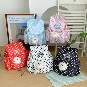 Stylish polka dot backpack with cute fluffy dog pendant casual daypack for women girls