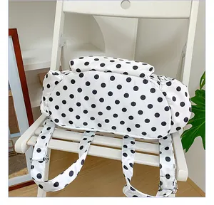 Detailed view of the stylish black and white polka dot backpack showcasing unique design and strap.