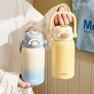 Tragbare 316 Edelstahl Vakuumflasche Isoliert Wasserflasche Mit Strohhalm Doppeltrinkdeckel Süß Kinder Reisebecher