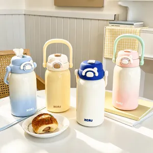 Tragbare Edelstahl-Isolierflasche mit Griff und Strohhalm, niedlicher Farbverlauf Becher.