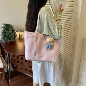 Pink PU leather tote shoulder bag for women, large capacity daily commuter handbag with cute bear.