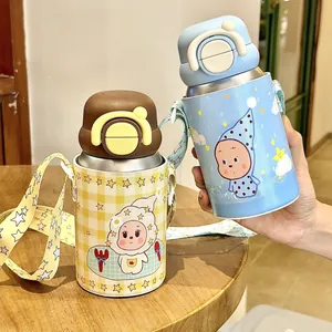 Cute cartoon insulated water bottle for kids, stainless steel vacuum strap cup with straw.