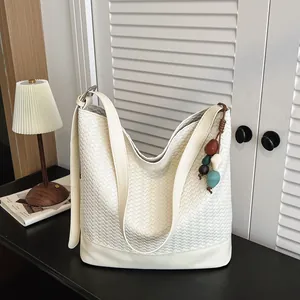 Womens Woven Bucket Bag PU Leather Solid Color Shoulder Crossbody Bag Casual Tote Handbag With Pendant Fashion Purse