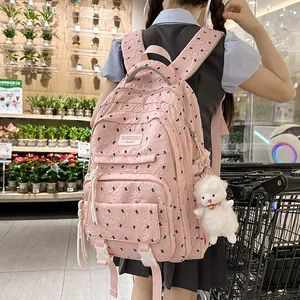 Japanese cute pink polka dot school backpack for teenage girls lightweight travel bookbag