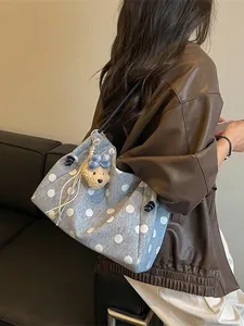 Blue polka dot denim tote bag for women, large capacity shoulder handbag with cute bear.