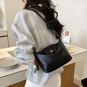 Casual black leather shoulder bag for women, stylish vintage hobo handbag with cute bead.