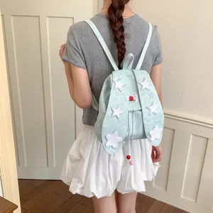 Joli sac à dos vert avec étoiles pour femme, cartable mignon menthe avec oreilles de lapin.