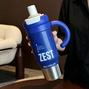 Stainless steel ice tumbler large capacity insulated water bottle with handle and straw lid blue