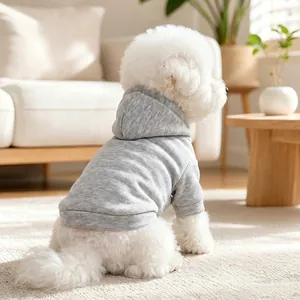 Grey hooded dog sweatshirt detail view, cozy pet apparel for small dogs outdoor wear.