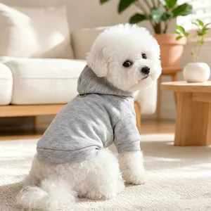Gray hooded pet sweatshirt for small dogs, soft material detail showing cozy daily wear.