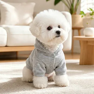 Cute grey pet hoodie for small dogs, comfortable hooded sweatshirt with snap buttons for daily use.