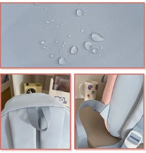 Vista di dettaglio che mostra tessuto impermeabile, manico robusto e spallacci regolabili.