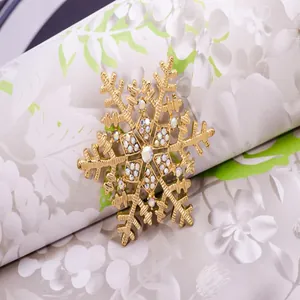 Close-up detail of a gold snowflake rhinestone brooch, sparkling crystal apparel accessory.