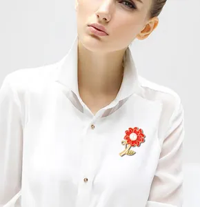 Red carnation enamel brooch pin with pearl center for women elegant clothing accessories details