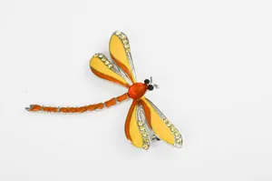 Exquisite dragonfly brooch with colorful enamel and sparkling rhinestones, fashion detail.