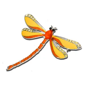 Elegant orange yellow enamel dragonfly brooch crystal inlaid silver tone insect lapel pin jewelry