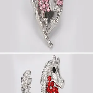 Silver rhinestone horse brooch detail, elegant animal crystal pin accessory for apparel.