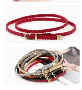 Women thin braided belt vintage PU leather waist strap metal pin buckle casual dress accessory