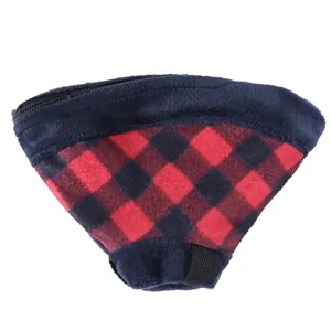 Soft plush pet recovery collar, red and black buffalo plaid design with adjustable zipper.