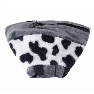 Soft plush pet recovery collar detail, cow print cone for cats and dogs, adjustable design