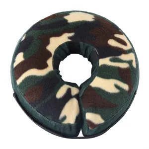 Detailed view of soft camouflage pet recovery collar, comfortable gear for dogs and cats.