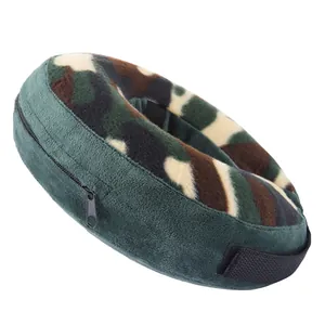 Close-up detail of soft camouflage pet recovery collar with zipper and adjustable strap.