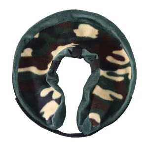 Soft fleece pet recovery collar detail, camo pattern Elizabethan neck protector for dogs.