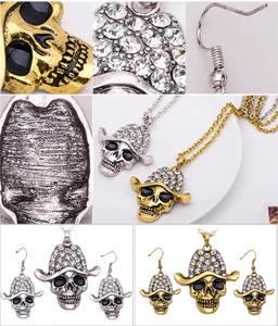 Close-up detail shot of punk rhinestone skull necklace and earrings set in silver and gold.