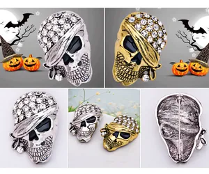 Rhinestone skull brooch pin, spooky Halloween gothic costume jewelry accessory for women and men.