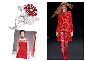 Broche de flor plateada elegante con esmalte rojo y cristales brillantes para mujer