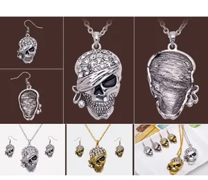 Detailed view of punk skull jewelry set featuring crystal encrusted pendant and matching earrings.