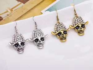 Punk style skull hook earrings with rhinestone hats, gothic Halloween jewelry set.