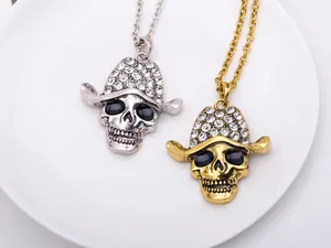Punk style skull cowboy hat pendant necklace set, rhinestone embellished details for party gifts.