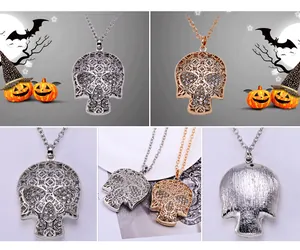 Detailed view of the hollow rhinestone skull pendant necklace, showing silver and gold colors.