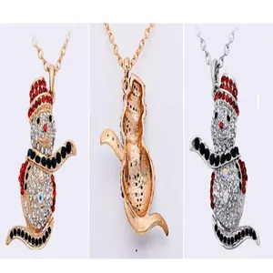 Christmas rhinestone snowman pendant necklace set, holiday sweater chain jewelry for women