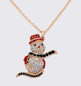 Christmas snowman crystal pendant necklace gold tone holiday fashion jewelry for women gift