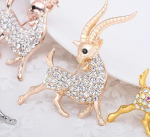 Exquise broche bouquetin en cristal strass, bijoux de mode animaux en alliage plaque or.