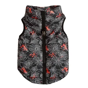 Halloween pet dog vest winter warm cotton coat with spider web print and front zipper closure.