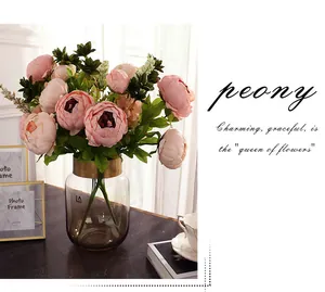 Artificial peony flower bouquet 13 heads fake plant set in glass vase for home decor