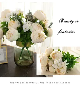 European artificial peony flower bouquet set with glass vase for home decoration display.