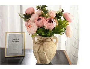 European style artificial peony flower set with vintage ceramic vase for home and party.